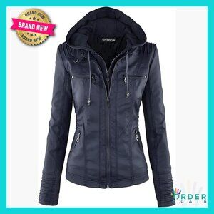 Faux Leather Biker Jacket Slim Fit Quilted Detachable Hood Moto Style